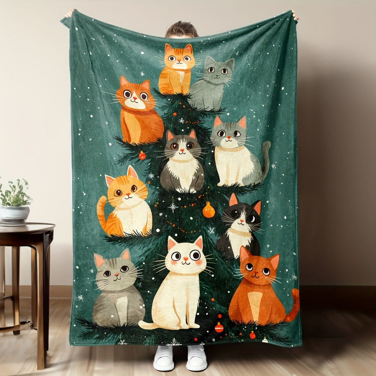 1pc 2D Flat Print Christmas Cat Tree Pattern Blanket, Soft Flannel Throw Blanket, Dark Green Design, Suitable for All Seasons, Warm Cover Blanket, Multiple Sizes Available, Suitable for Living Room Sofa, Bedroom, Reading Nook, Leisure Time