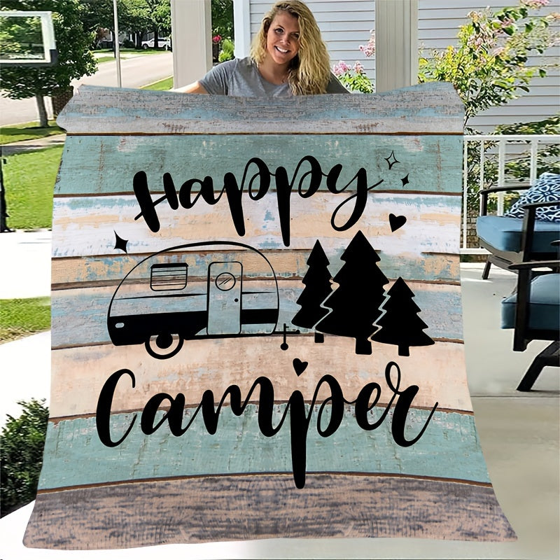 Warm Flannel Throw Blanket Showcasing a Cheerful Camper Motif, Washable in a Machine, Designed with Quilted Features, Digitally Printed, Suitable for Any Season, Made from Polyester, Ideal for Sofas And Beds