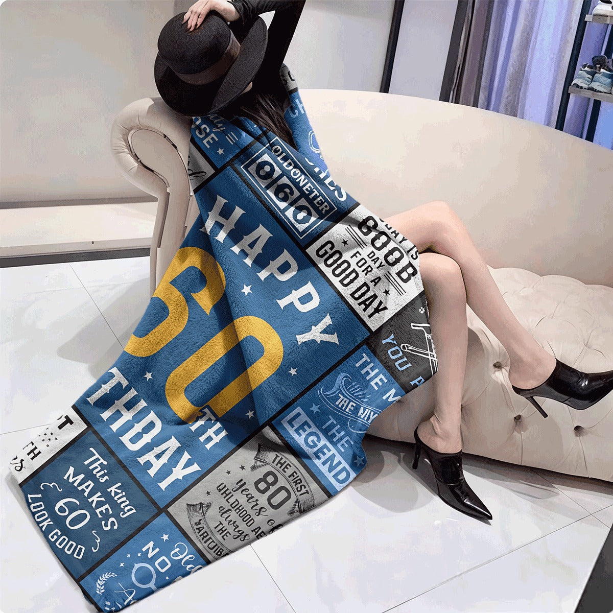 1pc Happy 60Th Birthday Flannel Blanket Retro Blue And Gray Typography Collage, Cozy Warm Throw for 60Th Birthday Celebration, Sofabed Decor, Machine Washable