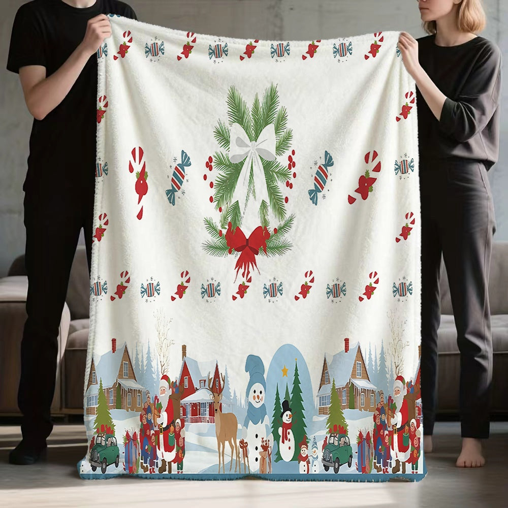 1pc Christmas Holiday-themed Flannel Blanket with Pine Branch Wreath and Snowscape Pattern, Soft, Comfortable, and Warm, White Design, All-season Universal Sofa Throw, Warm Lap Blanket, Multiple Sizes Available, Suitable for Living Room Sofas