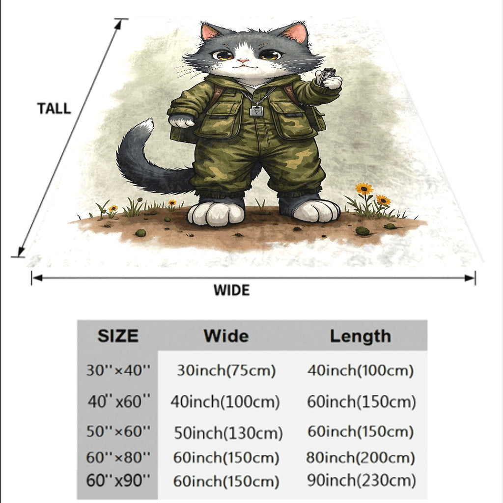 1pc Cute Gray and White Cat in Camouflage Uniform Soft Flannel Blanket Cozy Throw with Adorable Kitten Sunflowers & Adventure Style Design for Sofa