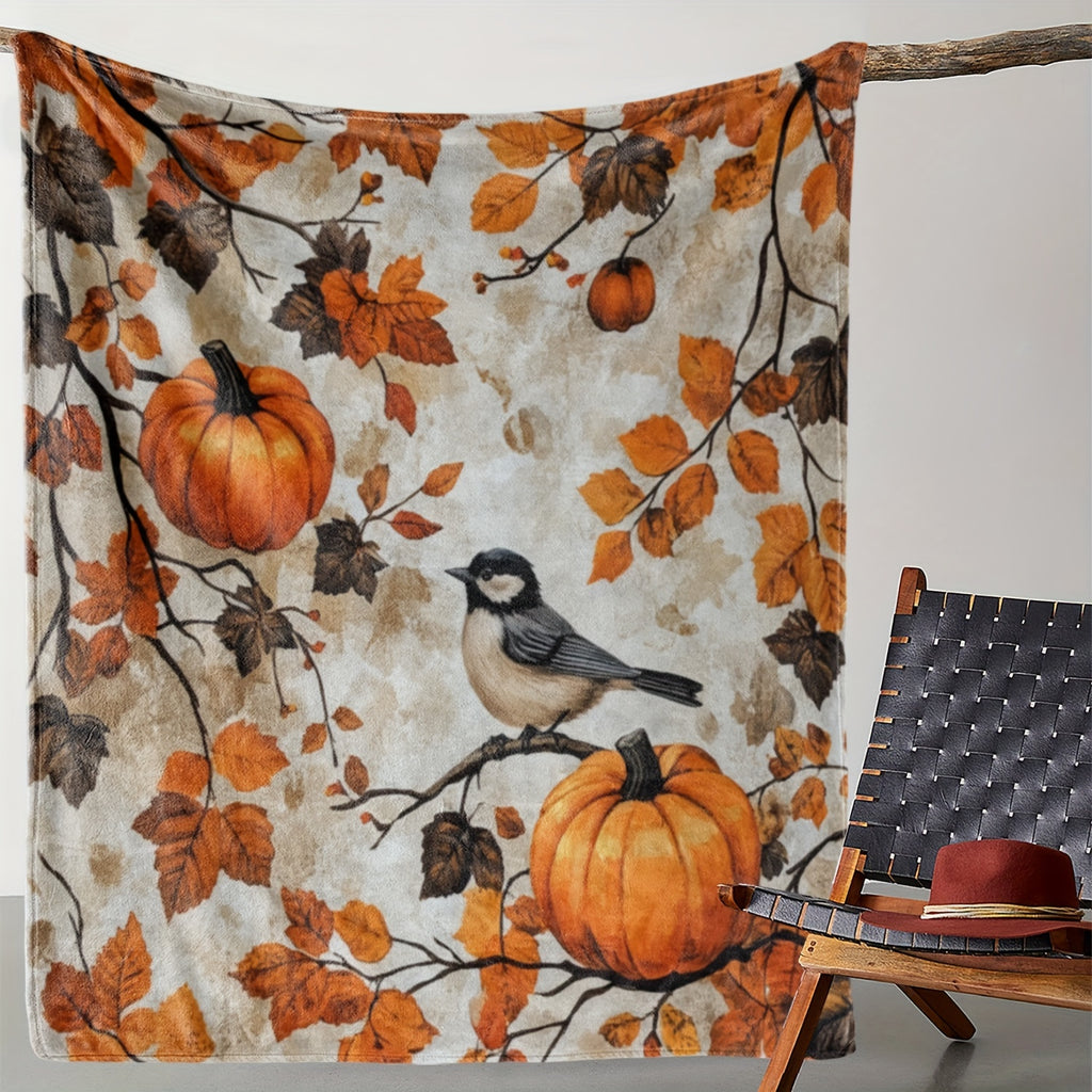 1pc Autumn Pumpkin and Bird Pattern Flannel Blanket, Soft, Comfortable, and Warm, Beige and Orange-Brown Design, Durable Plush Surface, All-Season Universal Bed Blanket, Warm Throw Blanket, Suitable for Living Room Sofa, Bedroom Headboard