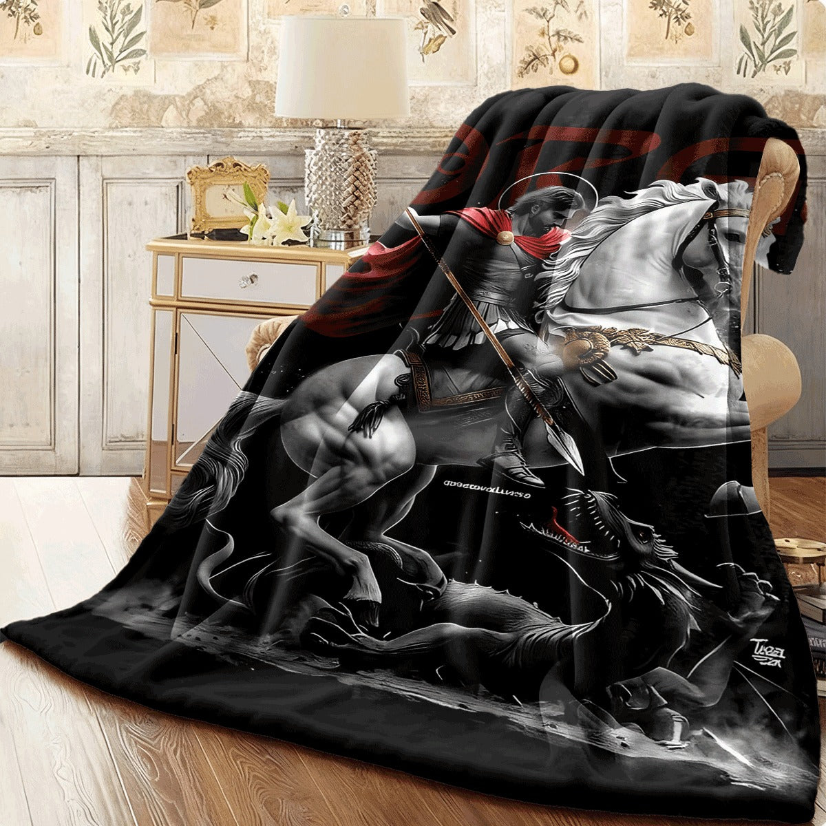 1pc St. George Versus Dragon Design Fleece Throw Blanket, Suitable for All Seasons, Reversible, Cozy And Warm, Long-Lasting, No Shedding, Modern Style, for Home And Office Use, Made from 200-250G Fabric, Featuring a Cartoon Theme