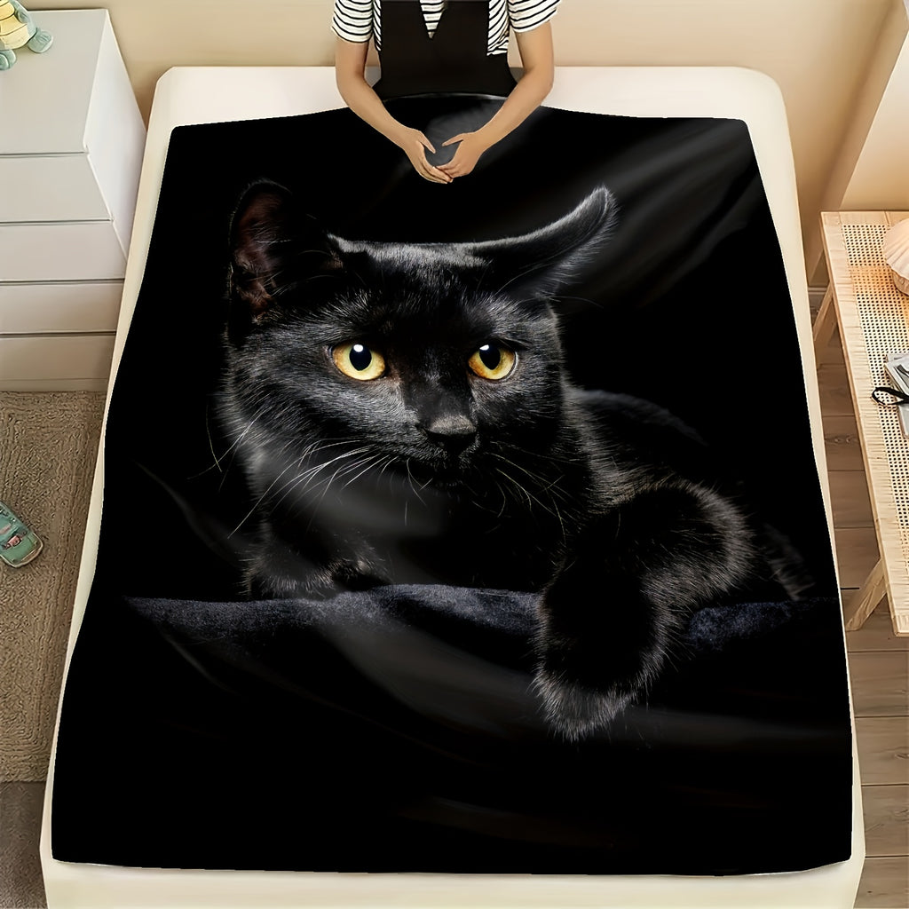 1pc Ultra Cozy Super Soft Black Cat Print Flannel Blanket - Throws for All-Season Warmth And Snugness - Perfect Luxurious Gift for Couch, Sofa, Bed, Camping & Travelling with Soft Brushed Fabric And Versatile Design