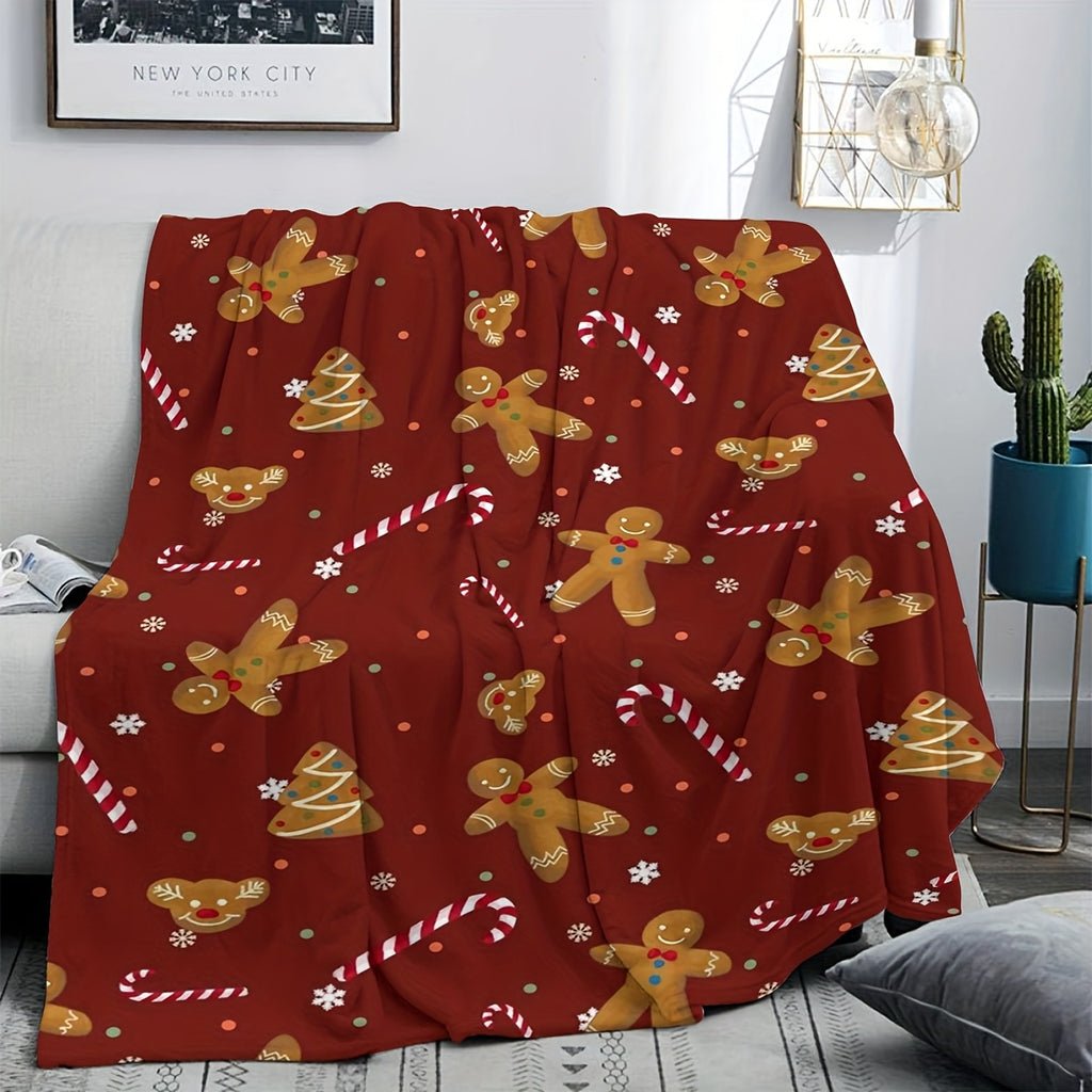 1pc Christmas Gingerbread Man And Candy Cane Red Background Flannel Blanket, Soft Comfortable Warm, Red Festive Design, Durable Plush, All-Season Bed Blanket, Warm Cover, Multiple Sizes Available, Suitable for Living Room Sofa, Bedroom Bed