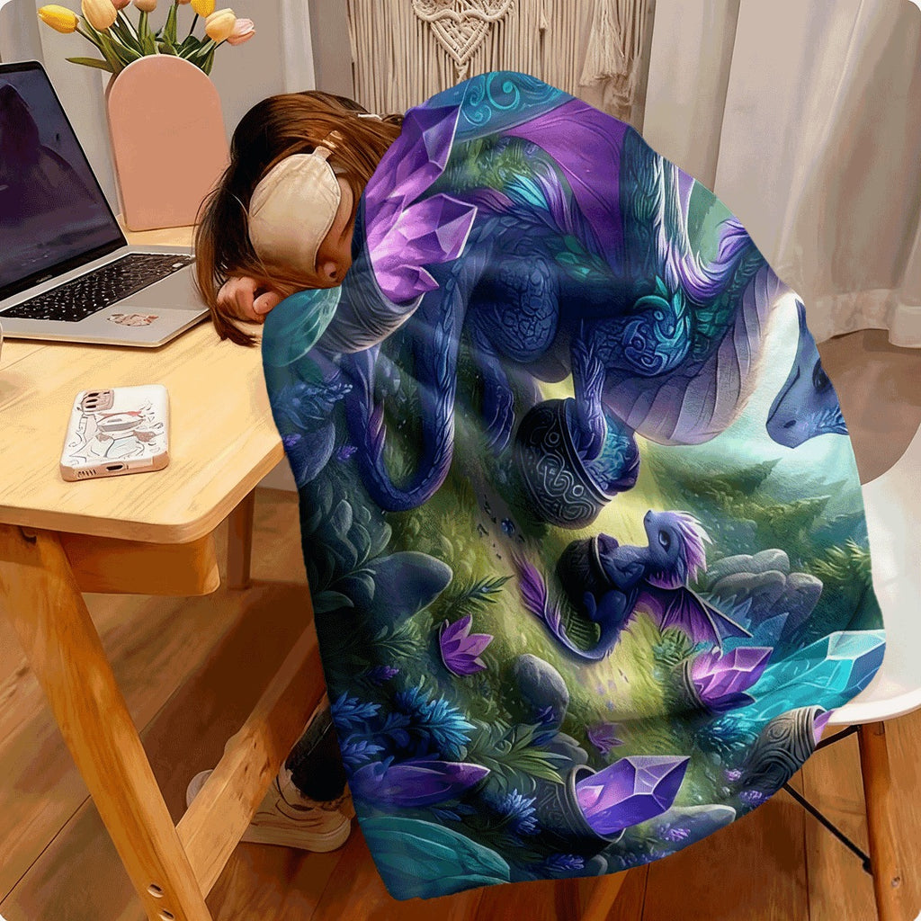A Single Piece of Flannel Blanket Featuring a Dragon And Youngling Forest Scene, Made of Soft And Warm Polyester, Suitable for Use on a Sofa, in The Office, While Camping
