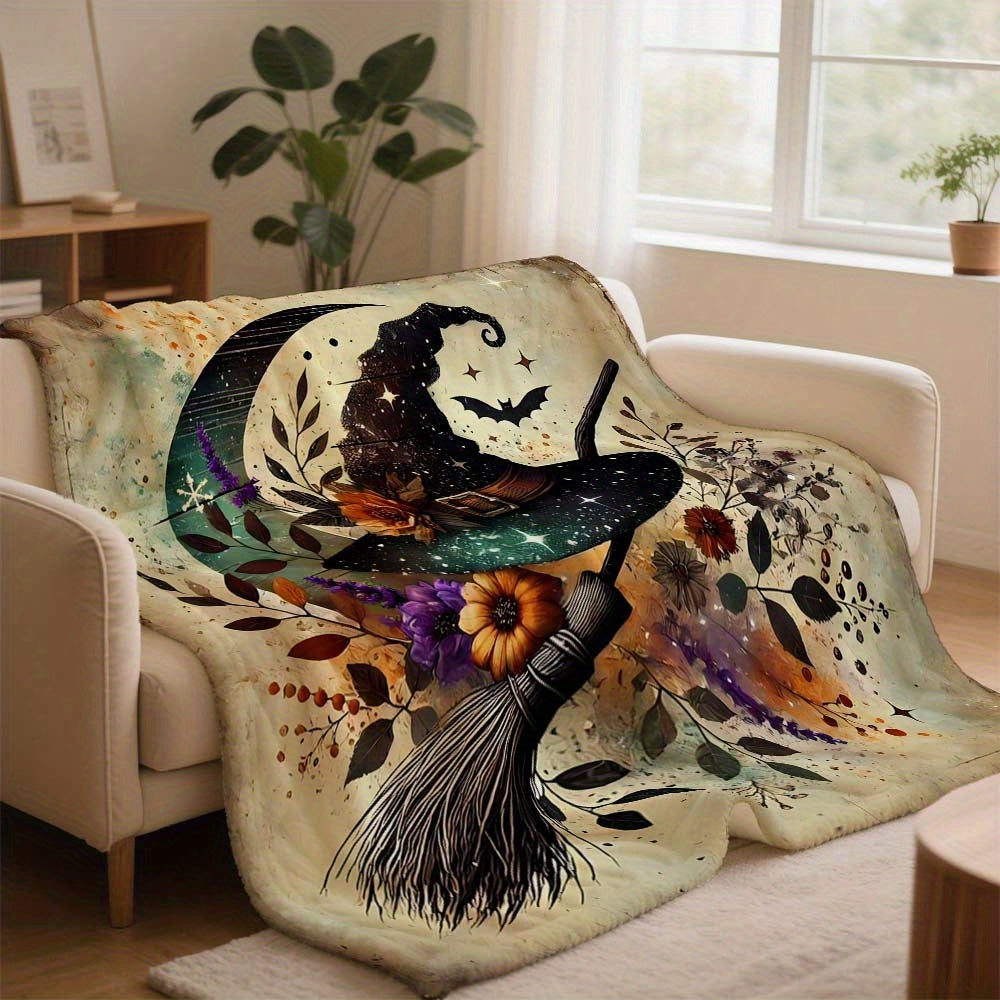 1pc Halloween Witch Hat Blanket, Witch Hat Printed Design, Body Cover Blanket, Soft Fleece Plush, Lightweight And Durable, Multi-Size Available, Suitable for Holiday Decor, Living Room Leisure, Bedroom Warmth, Party Decoration