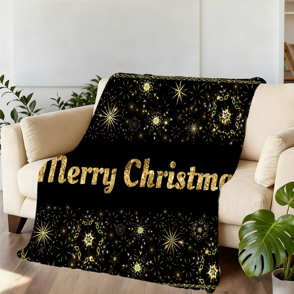 1pc Christmas Golden Fireworks And Snowflakes Pattern Merry Christmas Design Black Flannel Blanket, Soft Comfortable Warm, All-Season Blanket, Warm Cover, Suitable for Living Room Sofa, Bedroom, Casual Reading, Holiday Decor