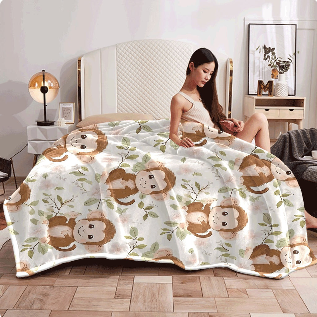 1pc Adorable Monkey And Floral Design Soft Small Blanket, Air Conditioning Blanket, Flannel Dormitory Office Nap Blanket, Printed Fleece Blanket, Gift Blanket for Friends, Hot-Selling Printed Flannel