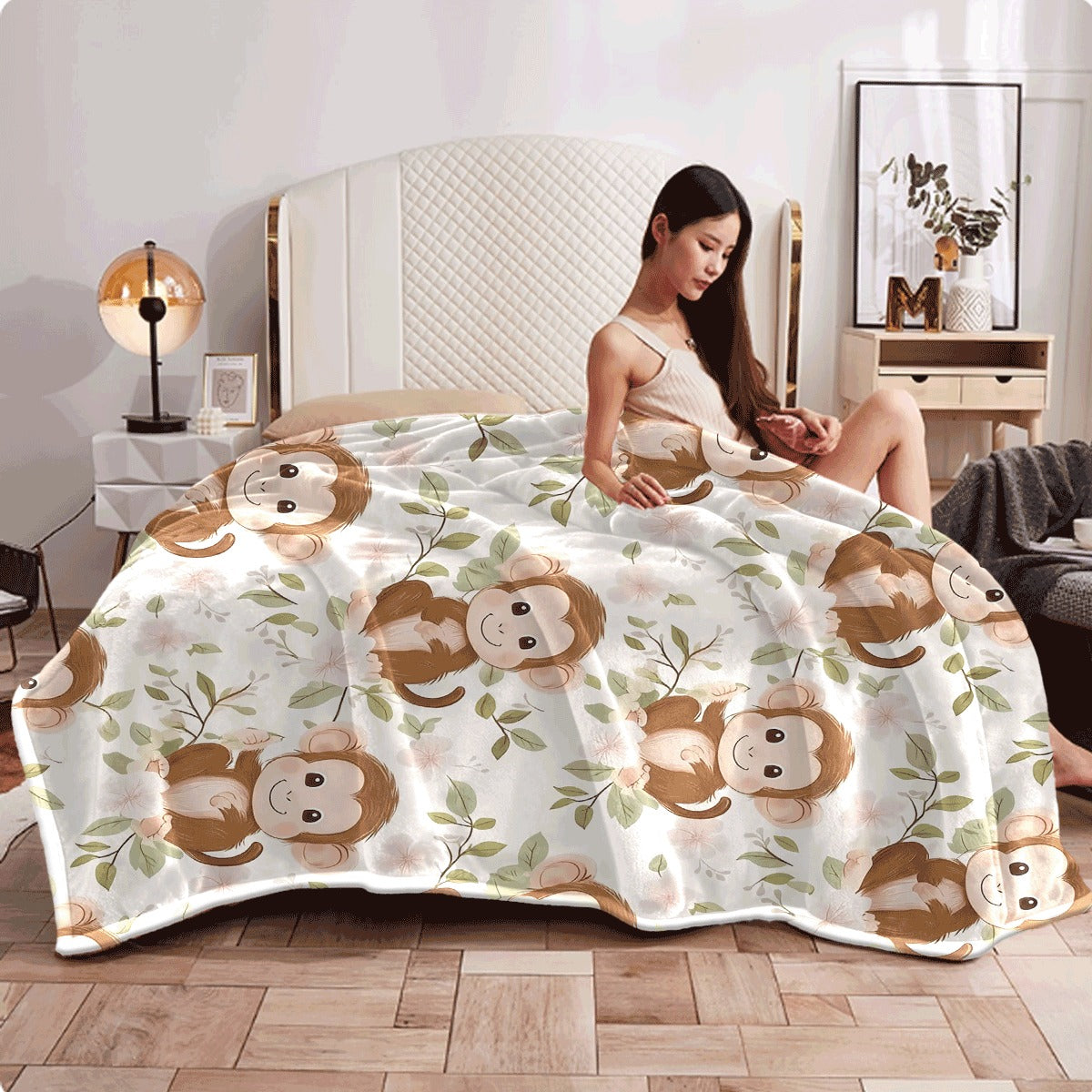 1pc Adorable Monkey And Floral Design Soft Small Blanket, Air Conditioning Blanket, Flannel Dormitory Office Nap Blanket, Printed Fleece Blanket, Gift Blanket for Friends, Hot-Selling Printed Flannel