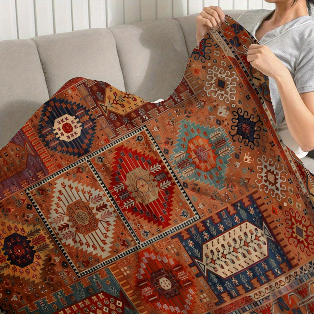 A Bohemian Geometric Patterned Fleece Blanket - Suitable for All Seasons, Soft And Warm, Perfect for Camping, Travel, Car, And Office Use - Machine Washable, Comfortable Home Decor, Vibrant Colors, Exquisite Pattern Craftsmanship, Modern Style