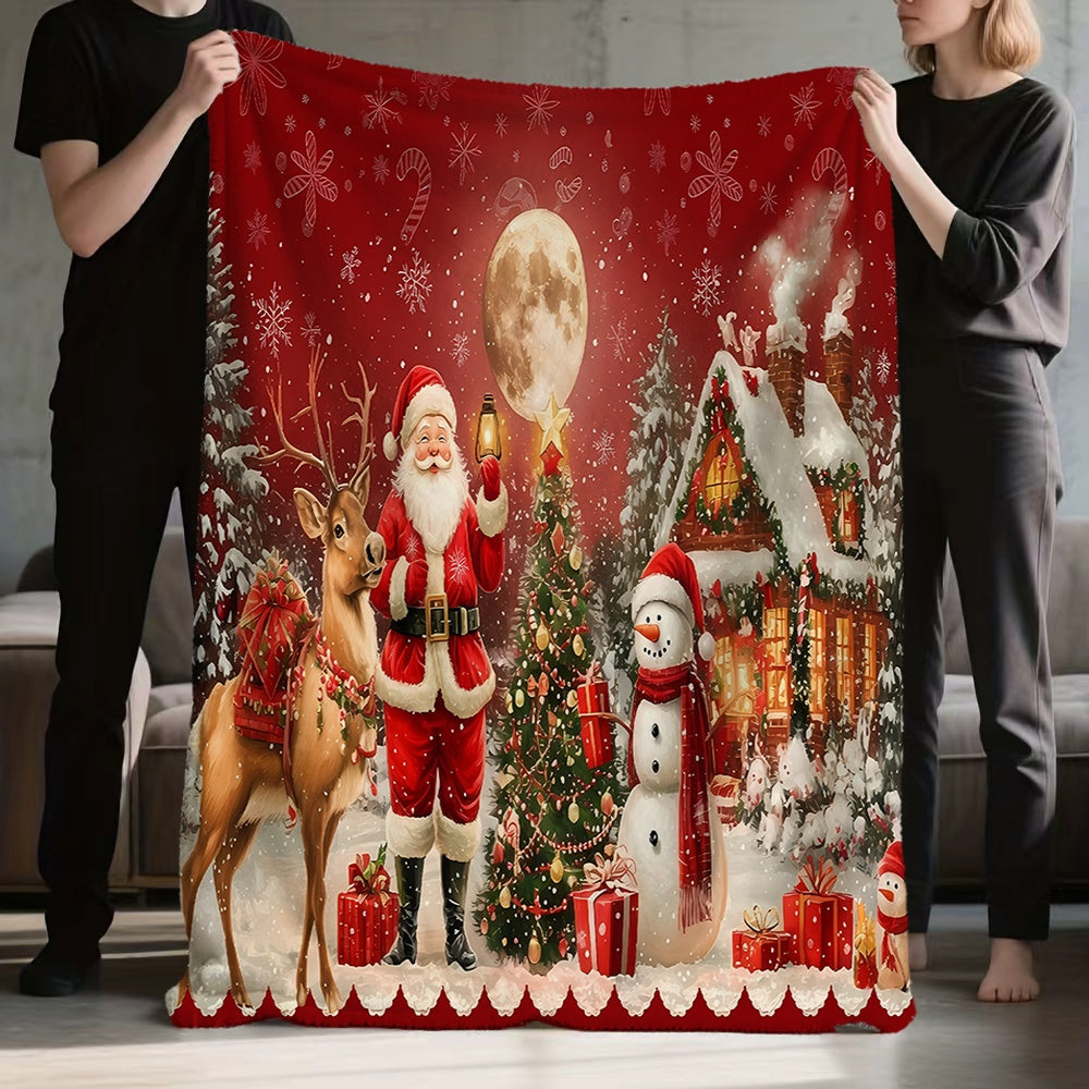 1pc Santa Claus And Reindeer Snowman Theme Red Flannel Blanket, Soft Comfortable Warm, Festive Design, All-Season Blanket, Warm Cover, Multiple Sizes Available, Suitable for Living Room Sofa, Bedroom, Reading Corner, Holiday Parties