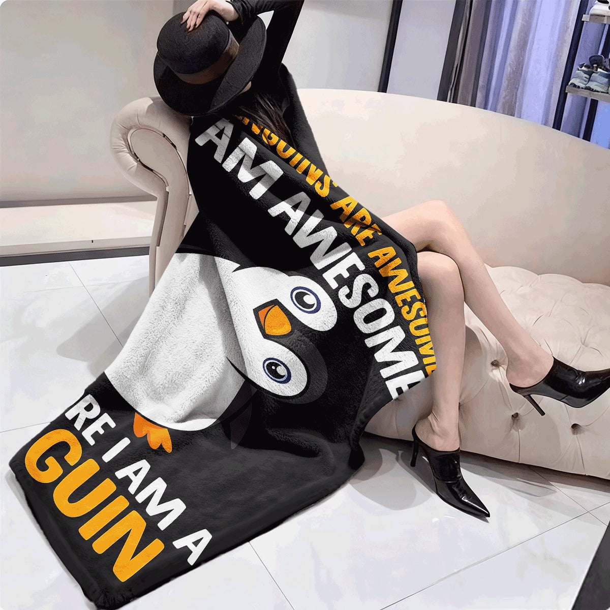 1pc Soft Flannel Blanket Cute Penguin Print with Penguins Are Awesome I Am Awesome Therefore I Am A Penguin Slogan Black Background Cozy for Couch Bed All Season