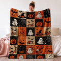 1 Vintage Halloween Throw Blanket, Suitable for Living Room, Bedroom, and Sofa, Orange Plaid with Black Starry Sky Patchwork, Decorated with Pumpkin,, Bat, Spider Web, and Witch Hat Patterns, Soft Flannel Blanket, Ideal for Naps, Travel, and Fall