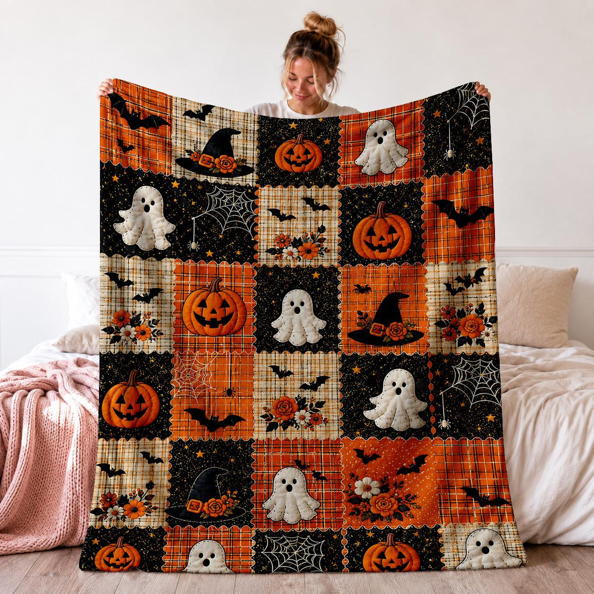 1 Vintage Halloween Throw Blanket, Suitable for Living Room, Bedroom, and Sofa, Orange Plaid with Black Starry Sky Patchwork, Decorated with Pumpkin,, Bat, Spider Web, and Witch Hat Patterns, Soft Flannel Blanket, Ideal for Naps, Travel, and Fall