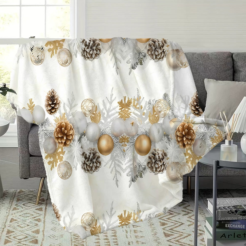 1pc Christmas Pinecone And Golden Ball Decorative Flannel Blanket, Soft Comfortable Warm, White And Golden Design, All-Season Sofa Blanket, Warm Cover, Multiple Sizes Available, Suitable for Living Room Sofa, Bedroom, Reading Corner