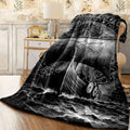 1pc Viking Longship with Runes Black White Engraved Soft Flannel Blanket Dark Norse Style Nautical Decor Throw for Couch Cozy Fleece Fabric All-Season Warm Cover