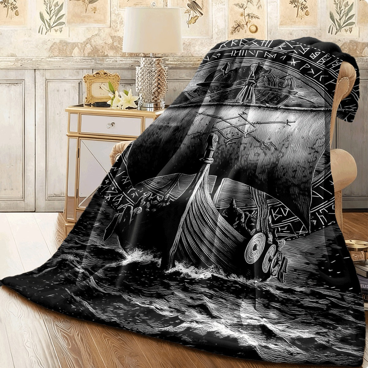1pc Viking Longship with Runes Black White Engraved Soft Flannel Blanket Dark Norse Style Nautical Decor Throw for Couch Cozy Fleece Fabric All-Season Warm Cover