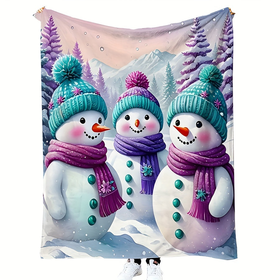 1pc 2D Flat Print Snowman and Winter Forest Themed Blanket, Flannel Throw in Purple and Blue Tones, Soft Cover Blanket - Multiple Sizes Available, Suitable for Living Room Sofas, Bedroom, Holiday Decorations, and Outdoor Picnics, 2D Flat