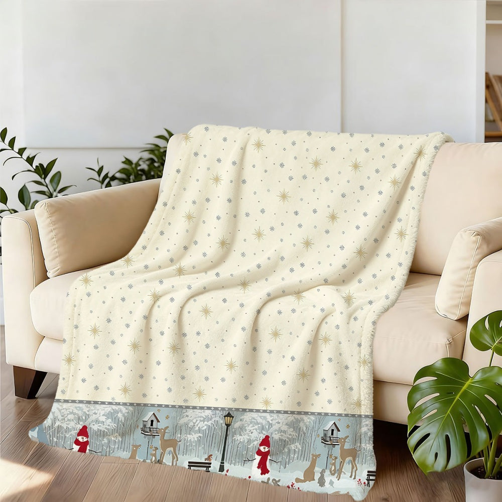 1pc Christmas Snowy Forest Pattern Flannel Blanket, Soft Comfortable Warm, Beige And Light Blue Design, All-Season Blanket, Warm Cover, Multiple Sizes Available, Suitable for Living Room Sofa, Bedroom, Reading Corner, Leisure Time