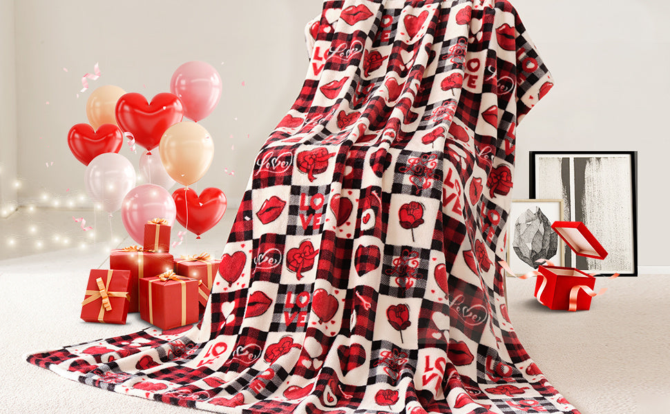 Valentine's Day Gift Blanket for Mom, Wife- Red Pattern Throw for Couch, Sofa or Bed- Decorative Plaid Luxury Flannel Lap Blanket- Super Cozy Comfy