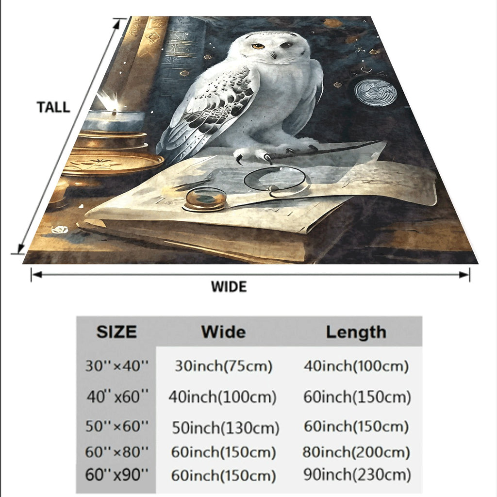 1pc Soft Flannel Blanket with Magical White Owl & Vintage Book Design Cozy Warm Fabric for Sofa Mystical Theme Decor Perfect for Fantasy Lovers All-Season Comfort