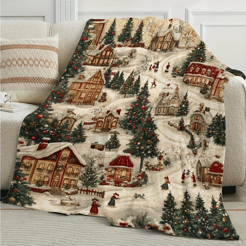 1pc of Christmas Snow Village Flannel Blanket - Comfortable and Warm for All Seasons, Festive Village Pattern Design, Soft and Warm Sofa, Essential for Travel and Camping, Modern Holiday Decoration, Plush Fabric, Exclusive to Camping Enthusiasts