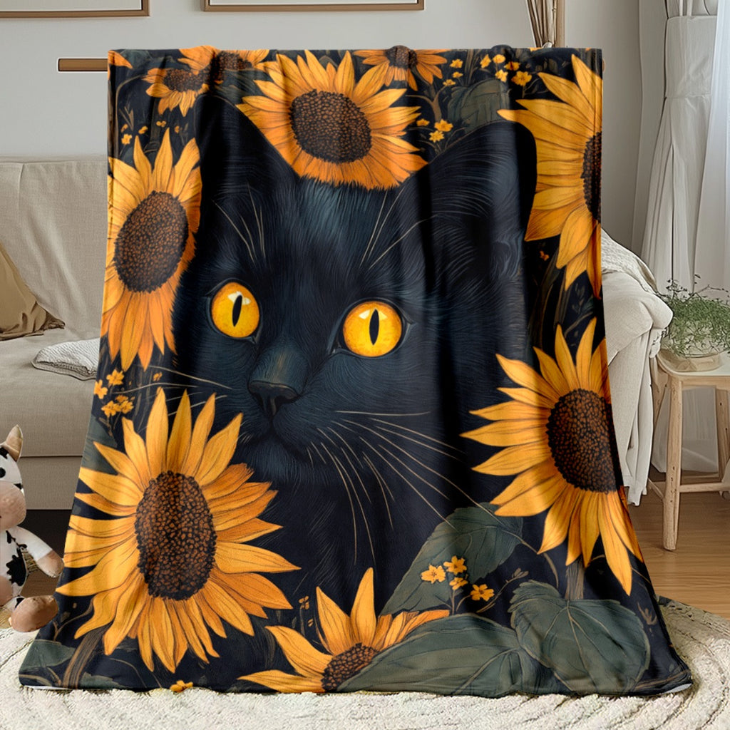 1pc Black Cat & Sunflowers HD Printed Flannel Blanket - All-Season Soft Lightweight Throw for Camping, Travel, Home, Office - Contemporary Anime Design Cozy Gift, Travel Blanket, Vibrant Design, Durable Fabric