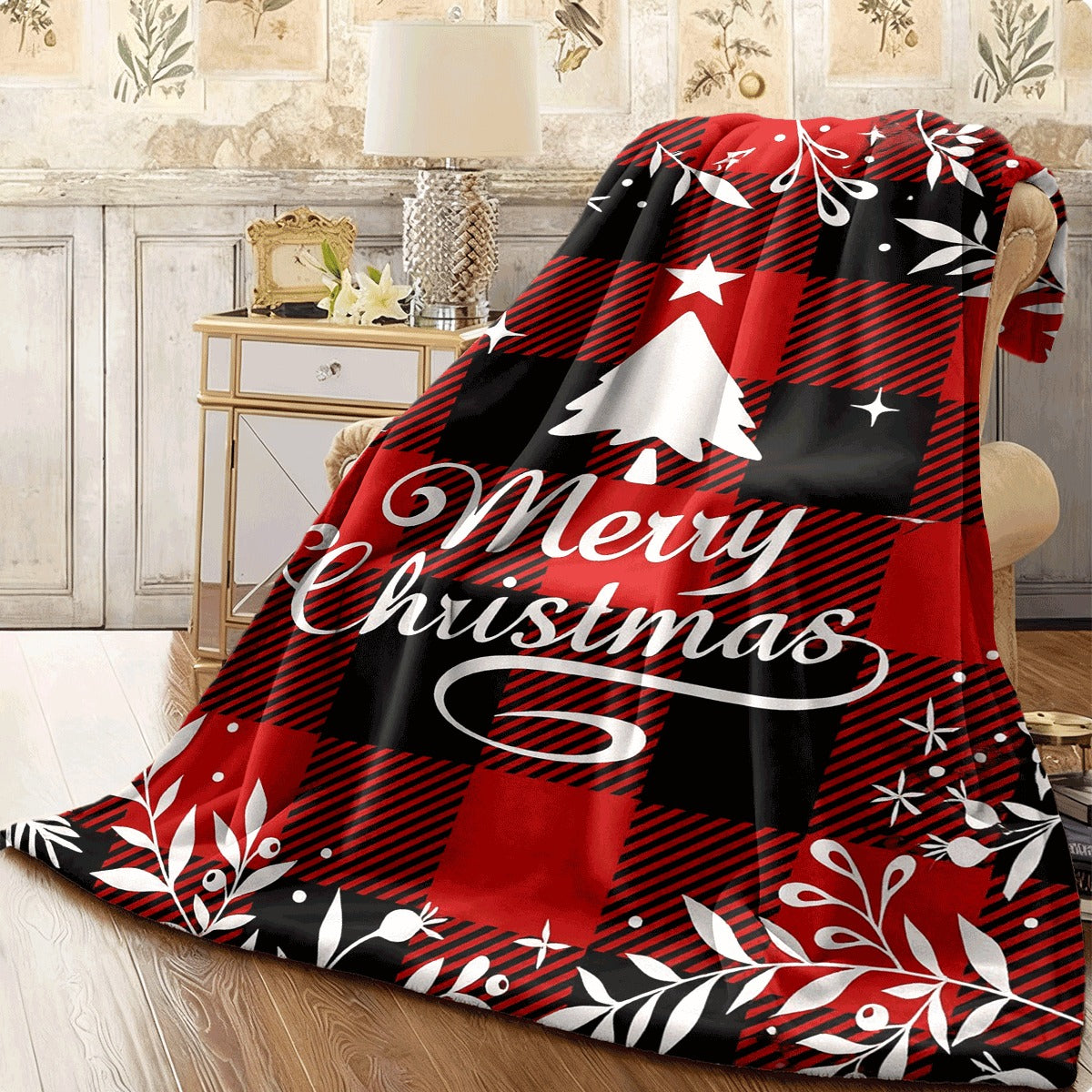 A Single Cozy Flannel Throw Showcasing a Festive Plaid Design in Traditional Red And Black, Highlighted with White, Ideal for Holiday Decoration And Home Use
