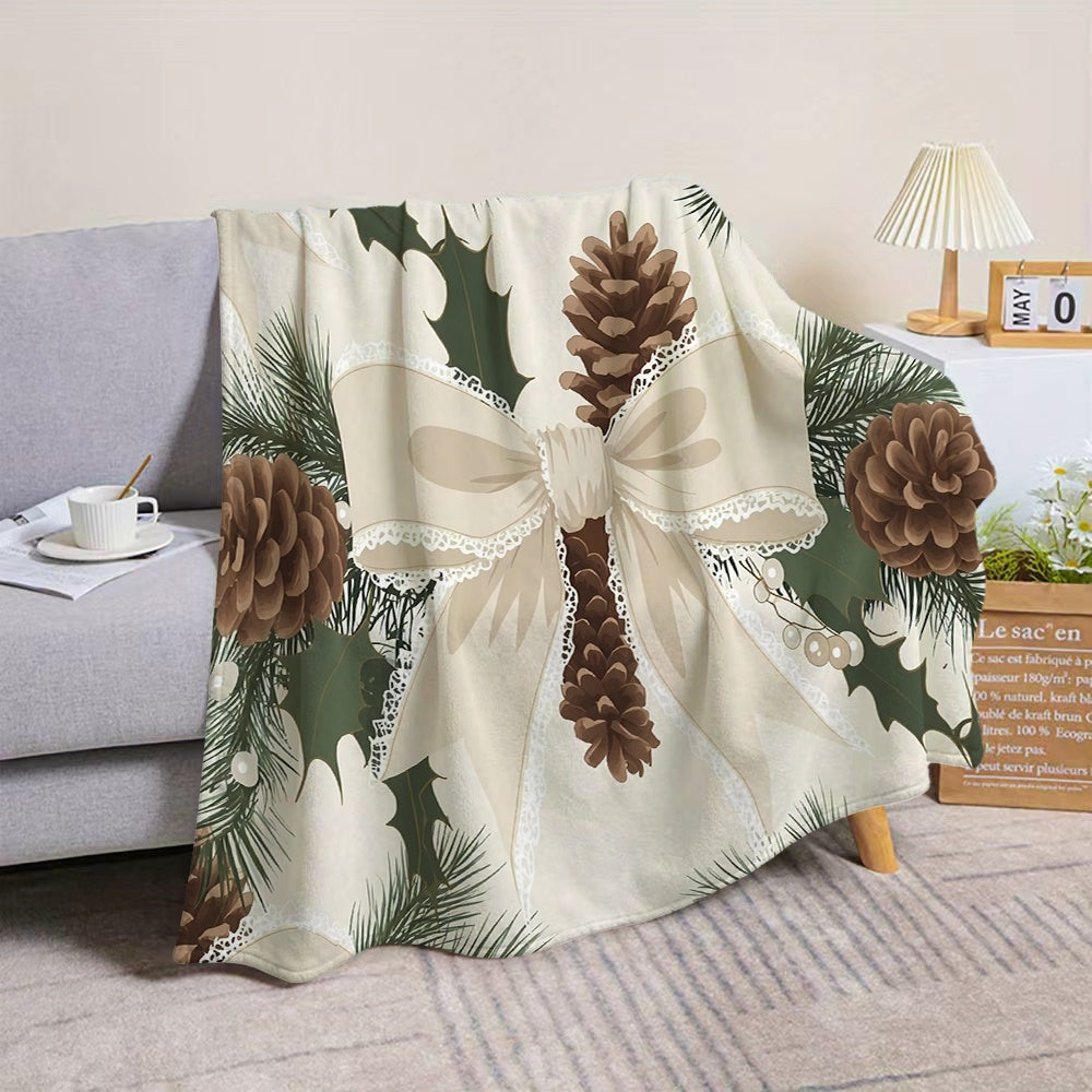 1pc Christmas Pinecone Bow Pattern Flannel Blanket, Soft, Comfortable, and Warm, Beige and Green Design, All-season Universal Blanket, Warm Throw Blanket, Multiple Sizes Available, Suitable for Living Room Sofas, Bedroom, Leisure Reading