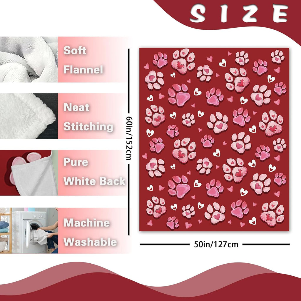 A Flannel Throw Blanket Featuring Paw Prints for Valentine'S Day, in Red And Pink, Perfect As a Romantic Gift for Anniversaries, Weddings, Or Birthdays for Women, Girlfriends, Wives, Or Lovers. This Soft Blanket Is Ideal for Bedding Or The Sofa