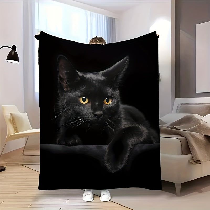 1pc Black Cat Print Blanket, Simple and Elegant Throw Blanket, Super Warm Soft and Comfortable Flannel Blanket, Multiple Sizes Available, Suitable for Living Room, Bedroom, Sofa, Office