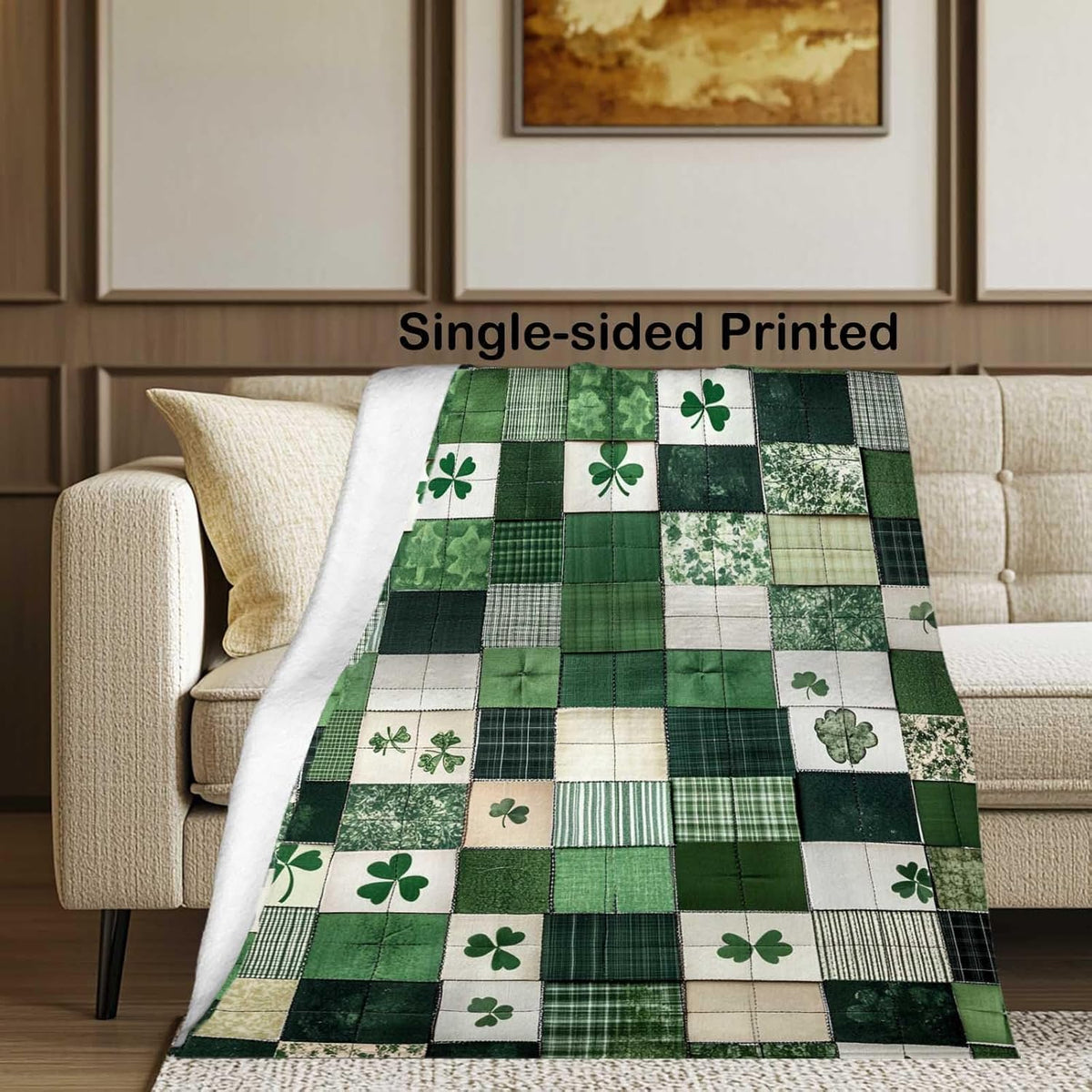 St. Patrick's Day Printed Patchwork Throw Blanket, Green Clover Design, Soft and Cozy Quilted Blanket for Living Room, Bedroom, and Couch - St. Paddy's Day Home Decor, 60x50