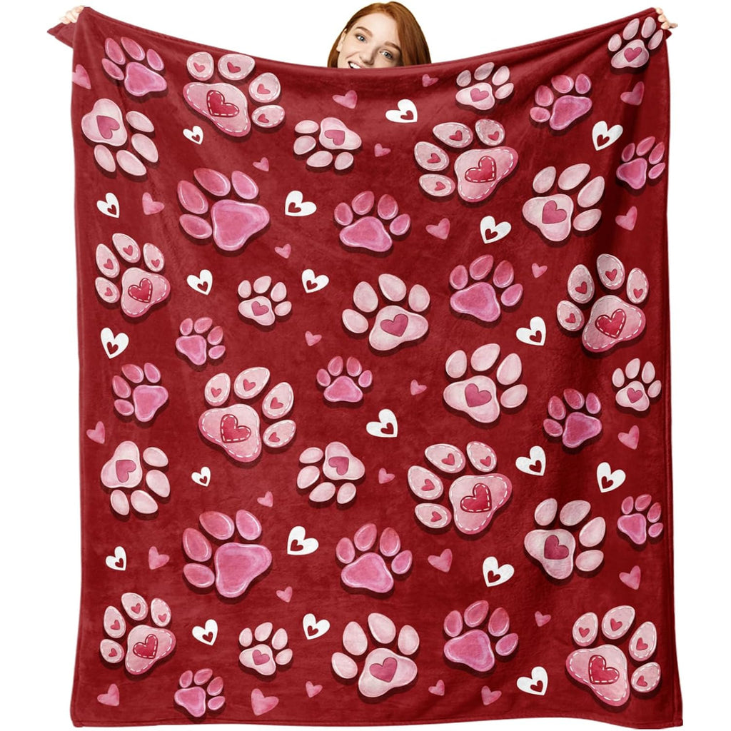 A Flannel Throw Blanket Featuring Paw Prints for Valentine'S Day, in Red And Pink, Perfect As a Romantic Gift for Anniversaries, Weddings, Or Birthdays for Women, Girlfriends, Wives, Or Lovers. This Soft Blanket Is Ideal for Bedding Or The Sofa
