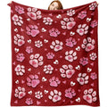 A Flannel Throw Blanket Featuring Paw Prints for Valentine'S Day, in Red And Pink, Perfect As a Romantic Gift for Anniversaries, Weddings, Or Birthdays for Women, Girlfriends, Wives, Or Lovers. This Soft Blanket Is Ideal for Bedding Or The Sofa