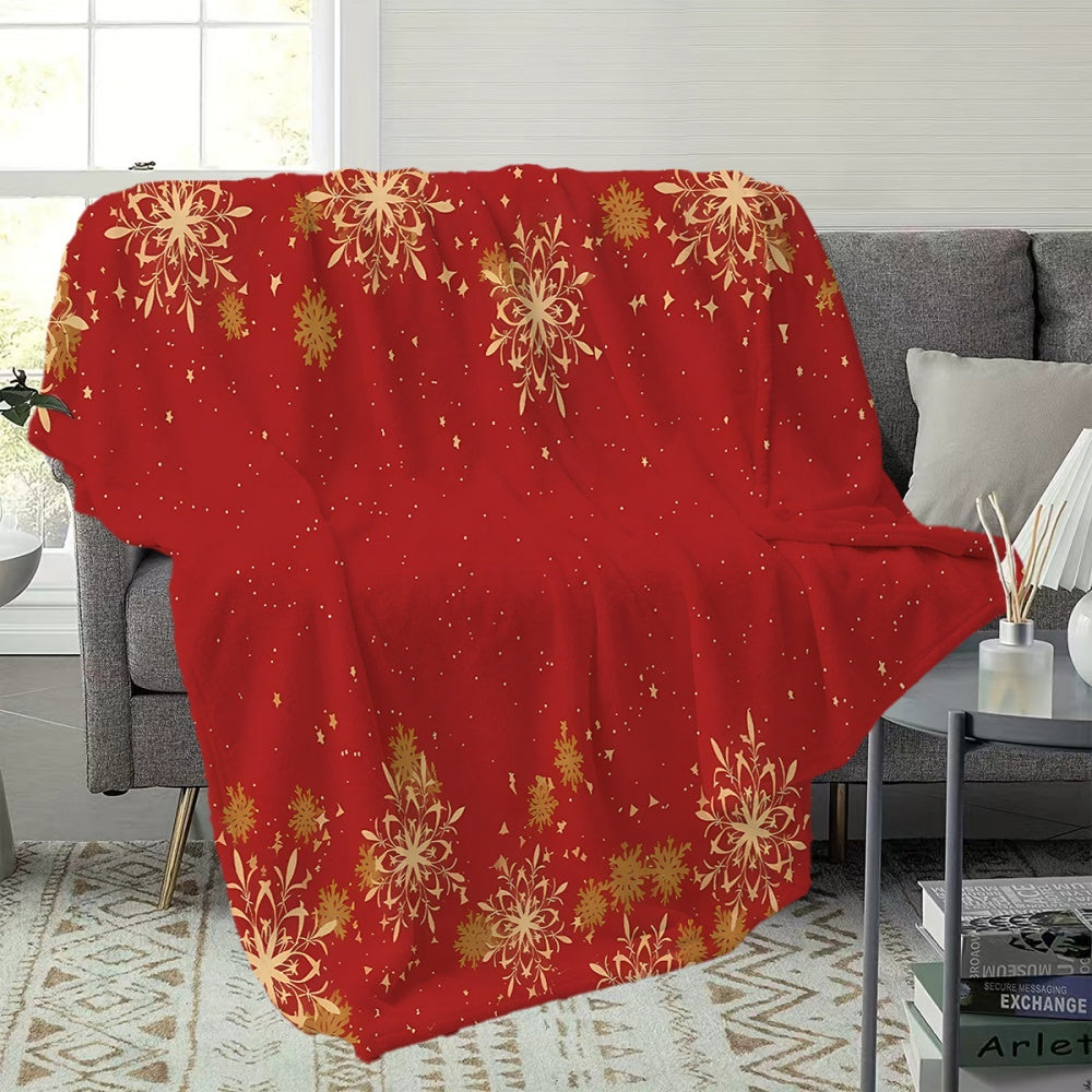 1pc of Golden Snowflake and Star Pattern Christmas-themed Flannel Blanket, Soft, Comfortable, and Warm, with a Red Design. A Four-season Universal Blanket and Warm Throw Blanket, Available in Multiple Sizes. Suitable for Living Room Sofas