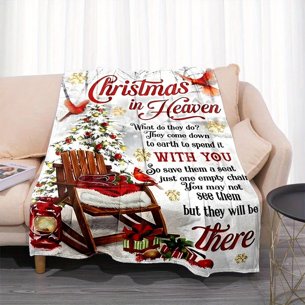 1pc Christmas Tree And Red Bird Pattern "Christmas in Heaven" Theme Flannel Oversized Blanket, White Main Color Design, Multi-Size Full-Body Blanket, Christmas Winter Decor, Suitable for Camping Leisure, Weekend Sofa Naps, Holiday Home Decoration