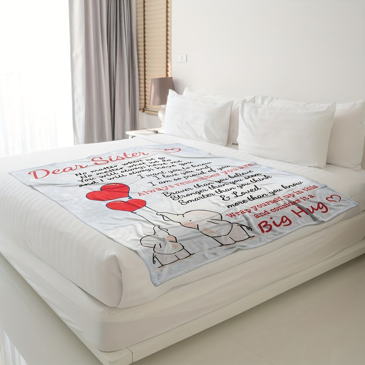1pc Flannel Blanket Featuring Dear Sister Message with Cute Elephants and Heart Balloons. Expressing Love and Pride, This Valentine's Day Blanket Is Perfect for Cozying up and Feeling Cherished.