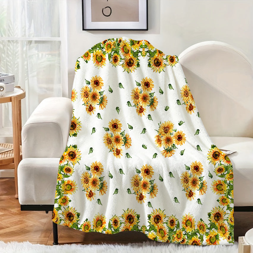 1pc Sunflower Patterned Blanket, Pastoral Style Design, Soft Plush Surface, Flannel Material Lightweight And Durable, Multiple Sizes Available, Ideal for Holiday Gatherings, Living Room Leisure, Bedroom Sleep, Study Reading, Seasonal Home Decor