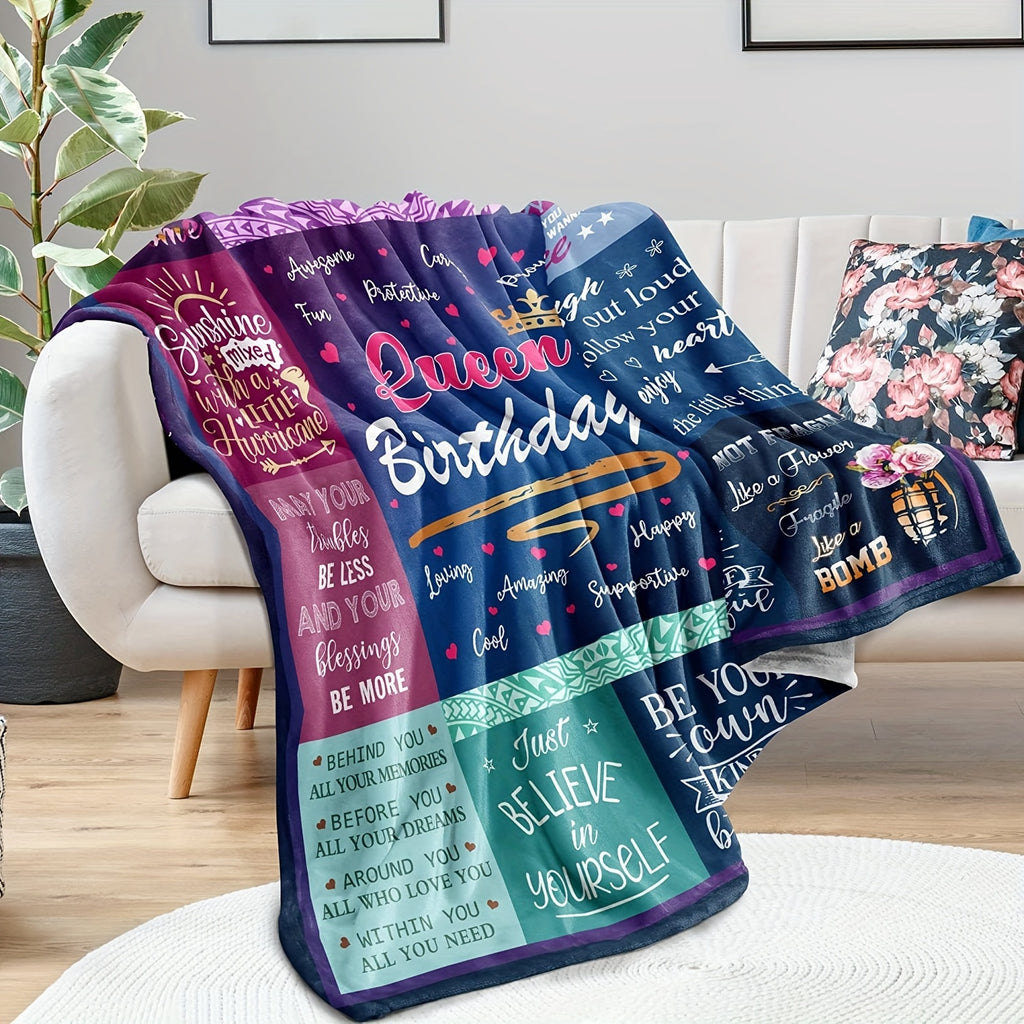 1pc Inspirational Queen Birthday Throw Blanket for Women - Perfect Gift for Daughter, Grandma, Mom, Wife, Girlfriend - All-Season Flannel, Hypoallergenic, Machine Washable with Motivational Phrases & Patterns, Wearable Blanket