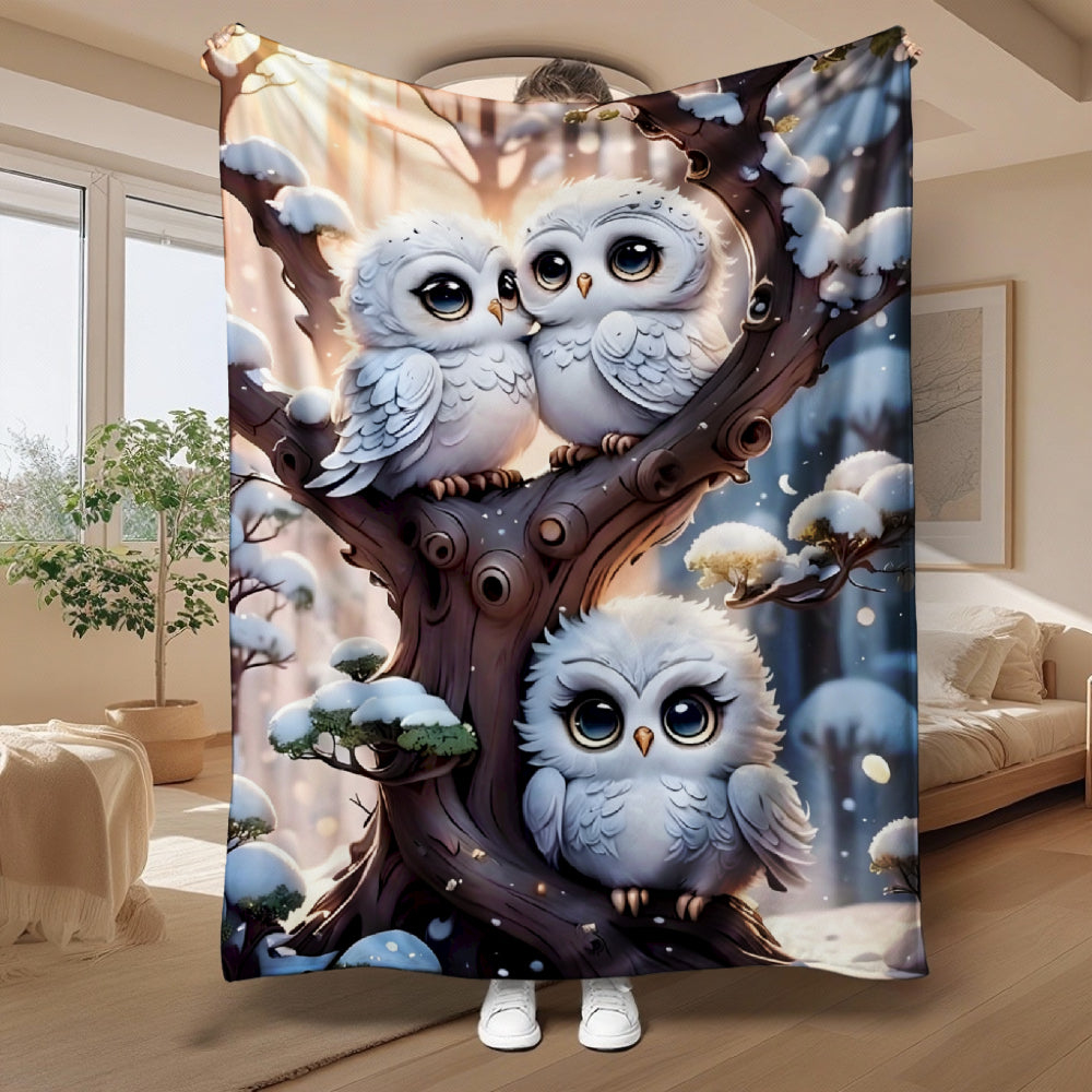 Cute Snowy Owl, Winter Gift, Soft Blanket, Adorable Tree Design, Cozy Home Decor, Multifunctional Warm Throw