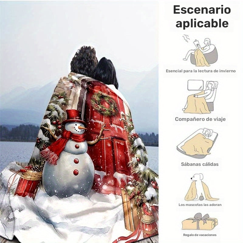 1pc Snow Christmas Door Pattern Blanket, Red Door Print Design, Body Cover Blanket, Soft Fleece Plush Surface, Lightweight And Durable, Multiple Sizes Available, Suitable for Christmas Decoration, Outdoor Courtyard, Living Room Sofa