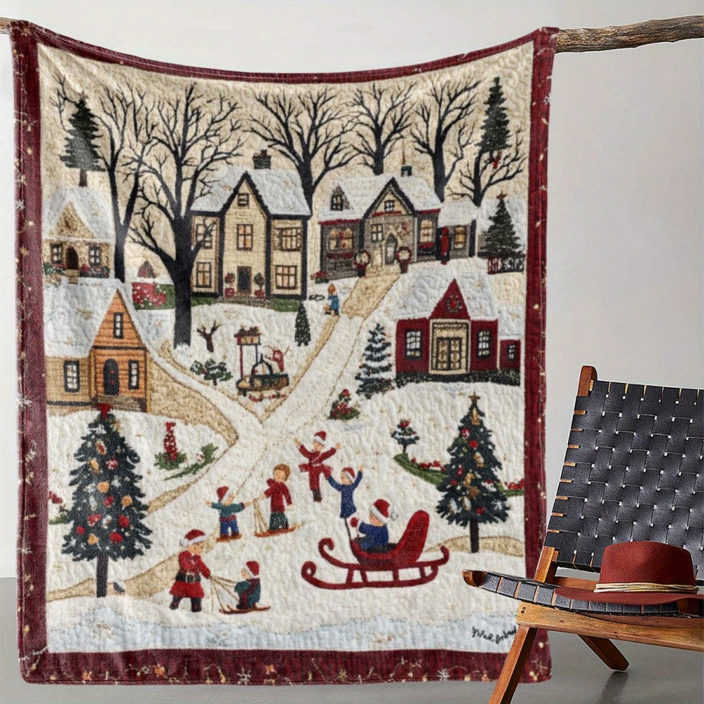 1pc 2D Flat Printing Christmas Snowscape Blanket, Soft Fleece Blanket, Beige And Red Design, All-Season Warm Throw, Multiple Sizes Available, Suitable for Living Room Sofa, Bedroom Headboard, Balcony Leisure, Holiday Decor, And Reading Nook