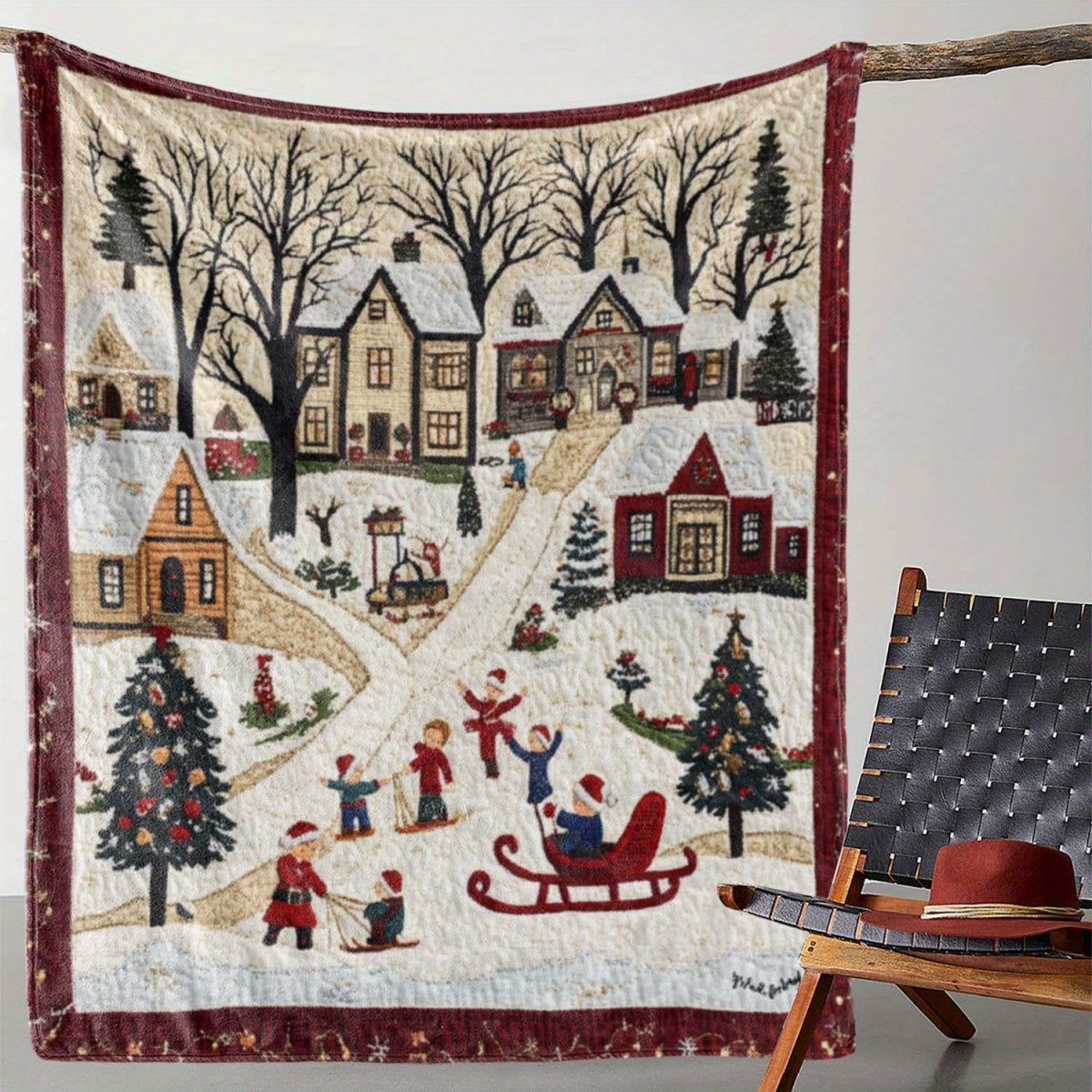 1pc 2D Flat Printing Christmas Snowscape Blanket, Soft Fleece Blanket, Beige And Red Design, All-Season Warm Throw, Multiple Sizes Available, Suitable for Living Room Sofa, Bedroom Headboard, Balcony Leisure, Holiday Decor, And Reading Nook