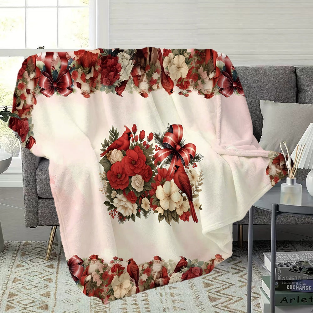 1pc Christmas Red and White Floral with Red Bird Pattern Flannel Blanket, Soft, Comfortable, and Warm, Festive Design, All-season Universal Blanket, Warm Throw Blanket, Multiple Sizes Available, Suitable for Living Room Sofas, Bedroom