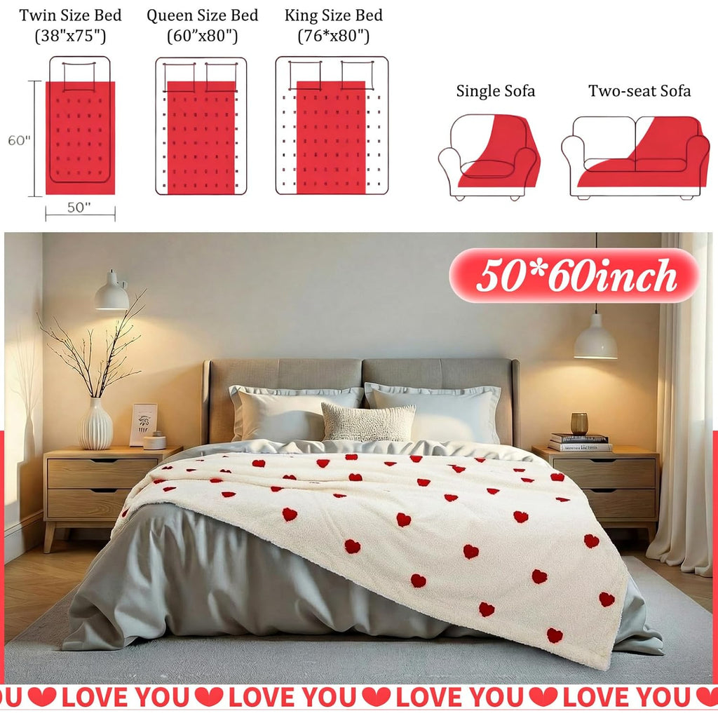 50 X 60 Inch Throw Blanket, Soft And Cozy, Fluffy Design, Perfect for Valentine'S Day. This Double-Layer Fuzzy Flannel Throw Is an Ideal Gift for Couples, Suitable for Bed, Couch, Sofa, And Living Room, Featuring a Red Heart Pattern