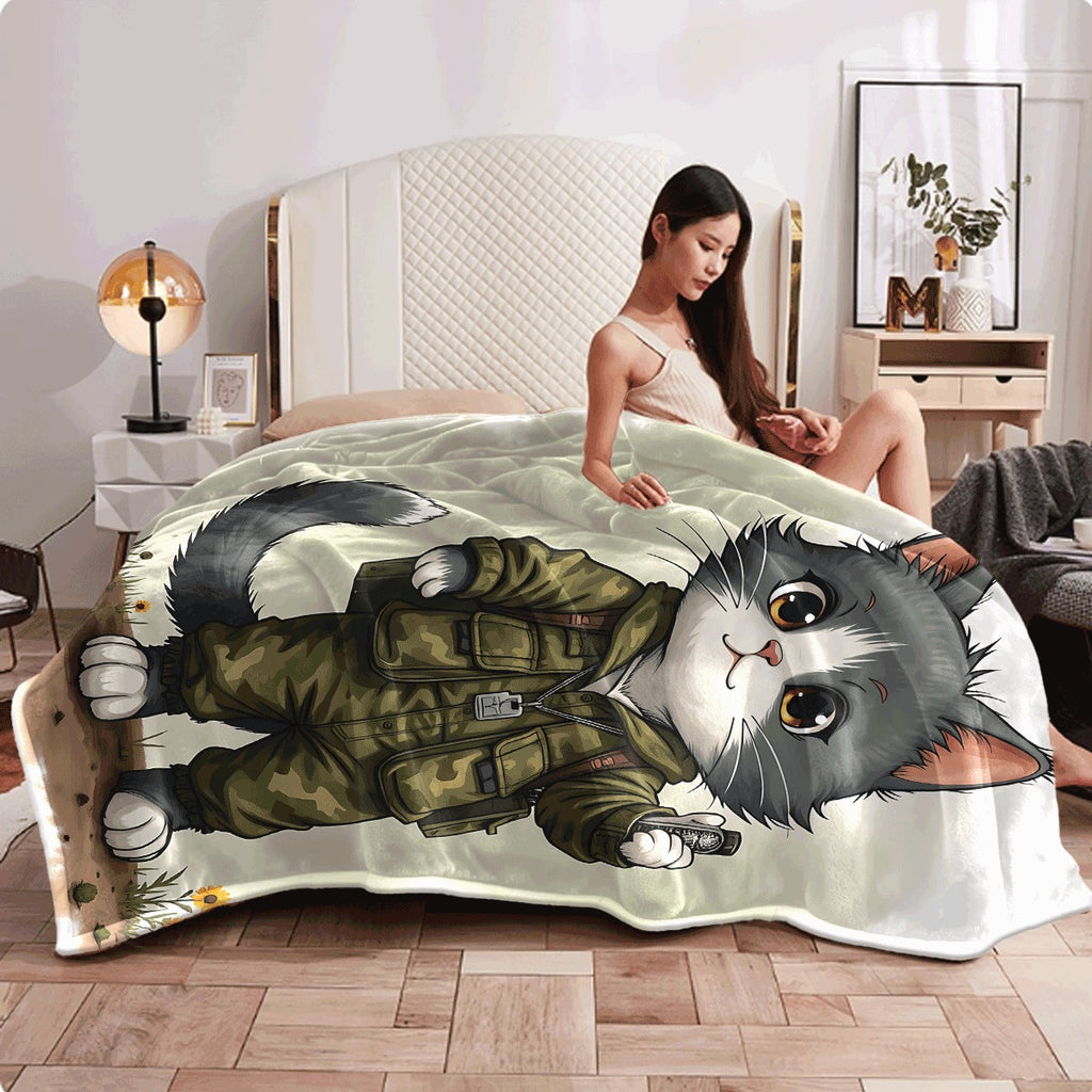 1pc Cute Gray and White Cat in Camouflage Uniform Soft Flannel Blanket Cozy Throw with Adorable Kitten Sunflowers & Adventure Style Design for Sofa