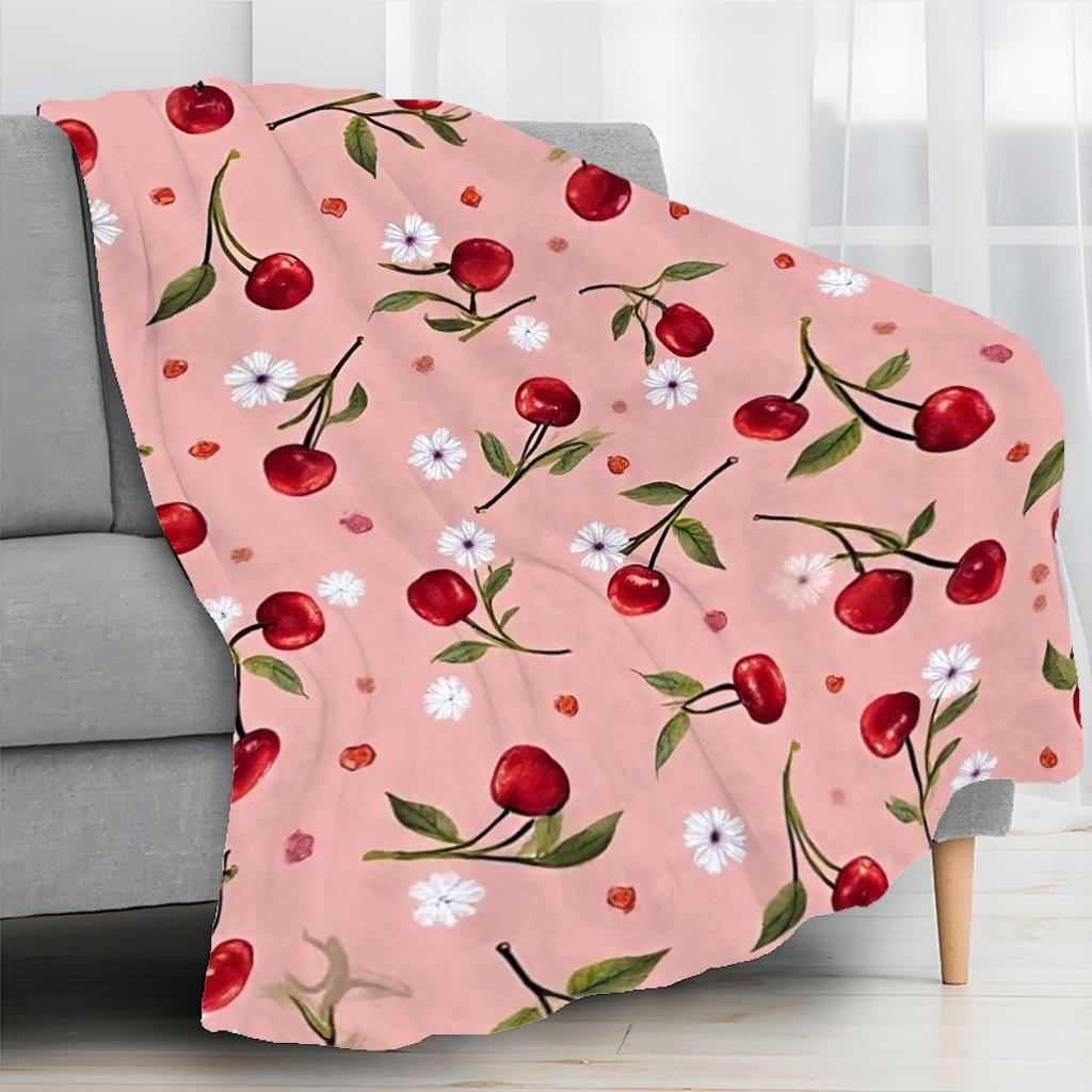 1pc a Flannel Blanket Featuring Cherry Blossoms And Cherry Prints - a Soft, Lightweight Throw Suitable for All Seasons, in Pink with Red Cherries And White Flowers. It'S a Modern Perfect for a Sofa,, Or Camping