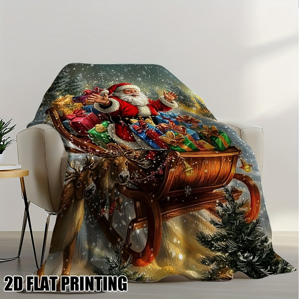 1pc Ultra-Soft 2D Flat Christmas Sleigh Trip Printed Flannel Blanket - Comfortable Double Size Sofa Blanket for, Sofa, Chairs, Office and Camping - Ideal Holiday Gift for All Seasons, 2D Flat