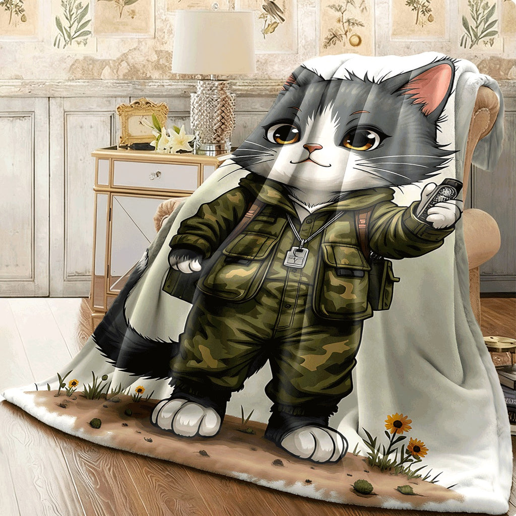 1pc Cute Gray and White Cat in Camouflage Uniform Soft Flannel Blanket Cozy Throw with Adorable Kitten Sunflowers & Adventure Style Design for Sofa
